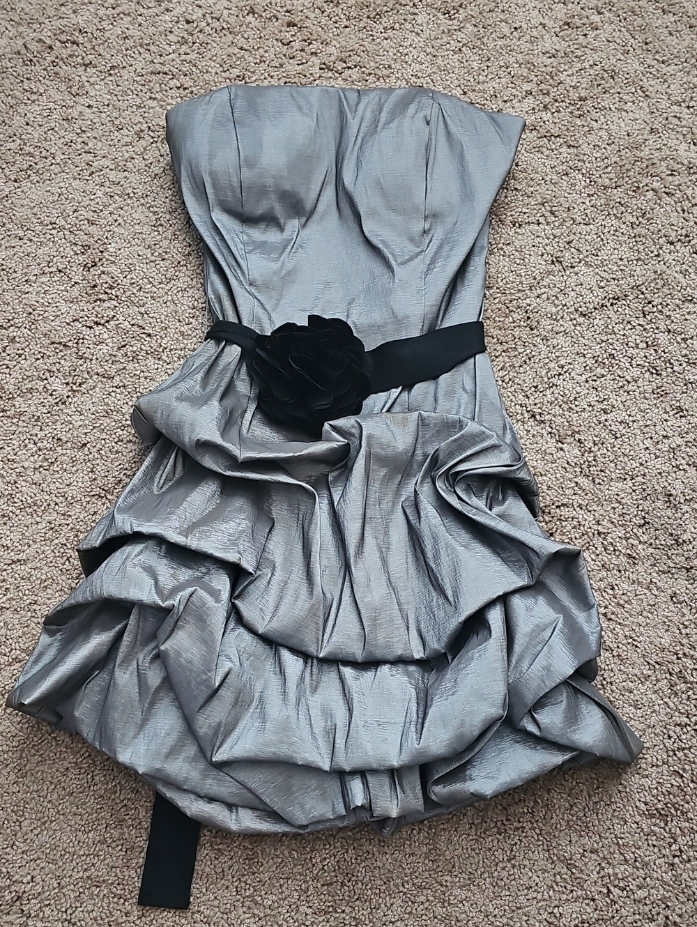 Forever 21 Silver Strapless Ruffled Cocktail Dress with Black Flower Belt